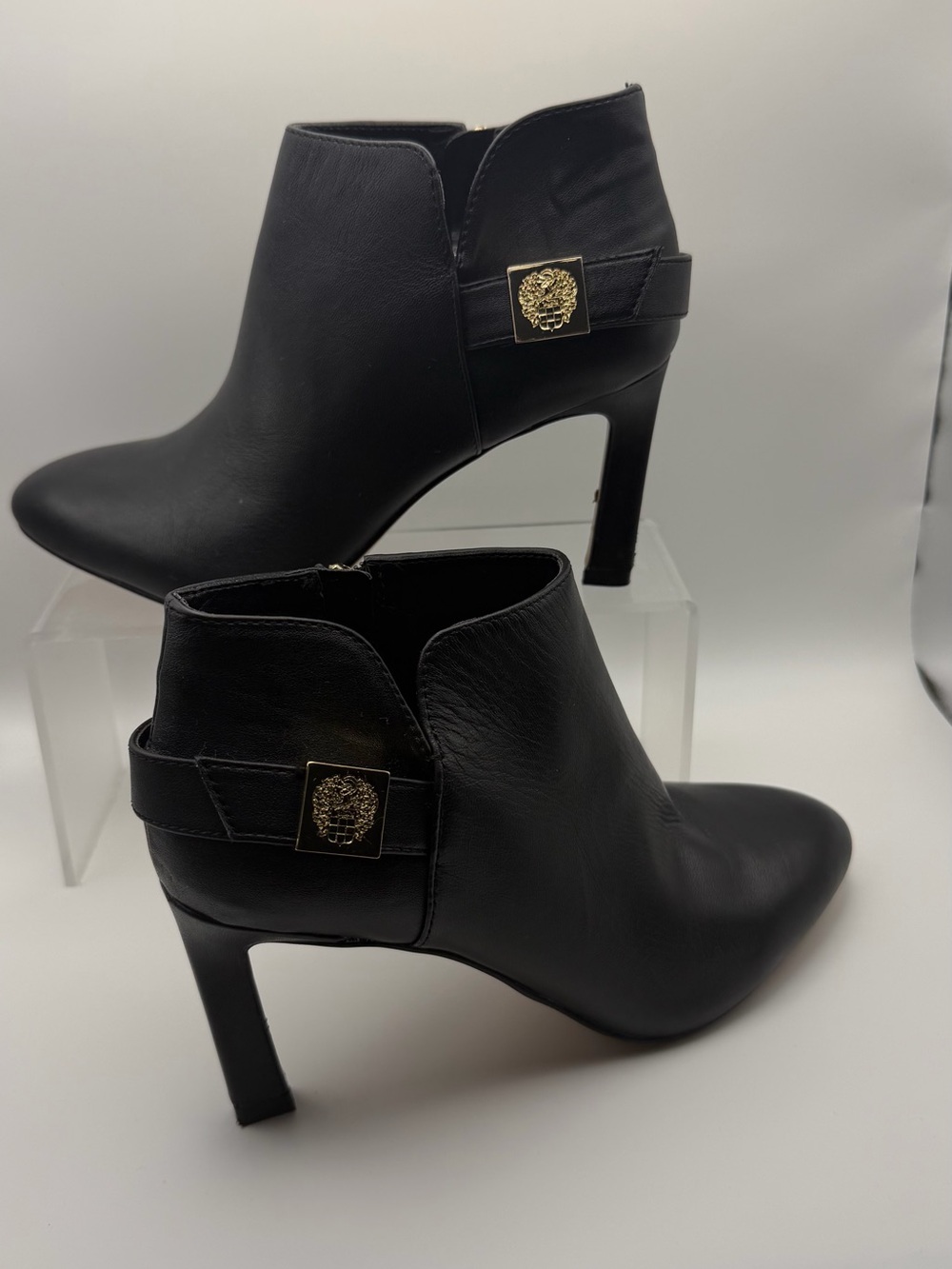 Vince Camuto” Women's Black Heeled Ankle Booties with Gold Accent